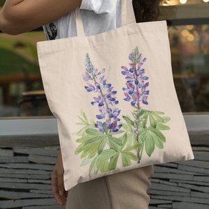 Summer Lupine Vintage Watercolor Floral Print Graphic Canvas Tote Bag